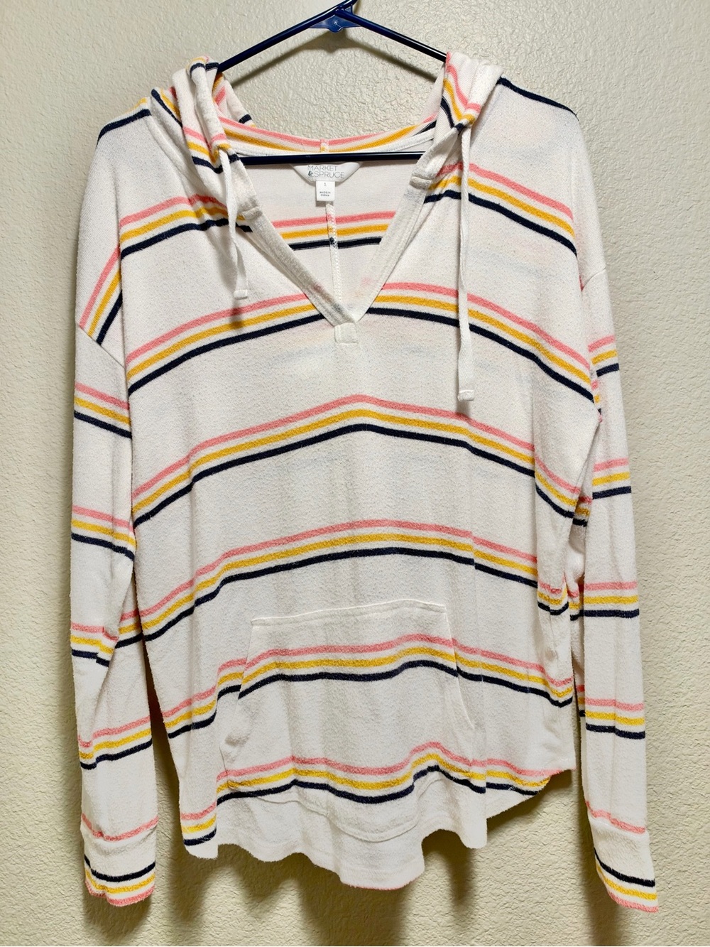 Market & Spruce Cream Hoodie with Pink, Yellow & Navy Stripes